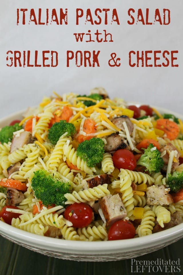 I created this quick and easy Italian Pasta Salad recipe as part of the Chopped at Home Challenge. It includes grilled pork, Sargento Chef Blends 4 State Cheddar, pasta, and a variety of vegetables. 