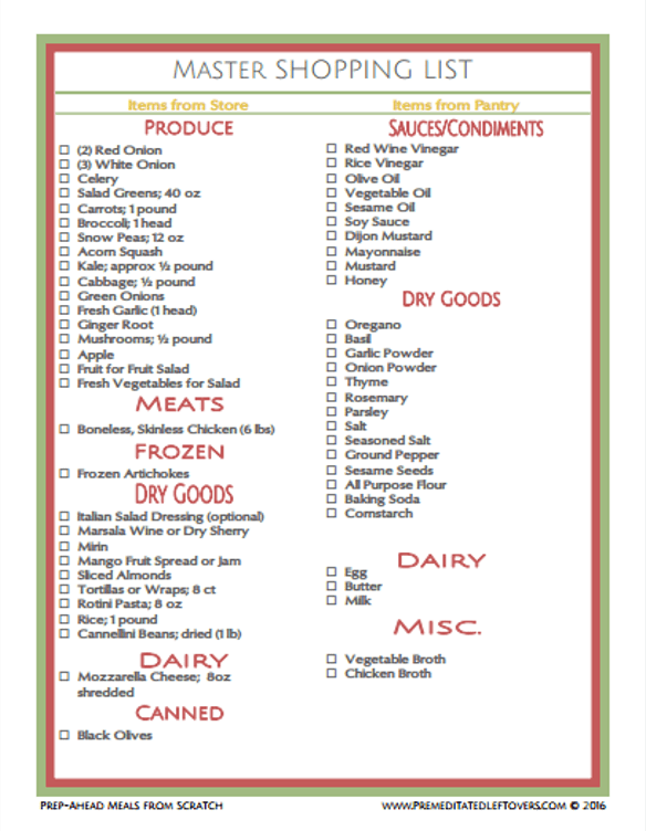 Master Shopping List for Prep-Ahead Meals Dinner Menu