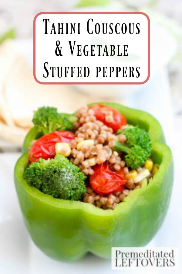 Tahini Couscous & Vegetable Stuffed Peppers- These stuffed peppers are an easy, meatless meal when the temps heat up and you want to bypass the oven!