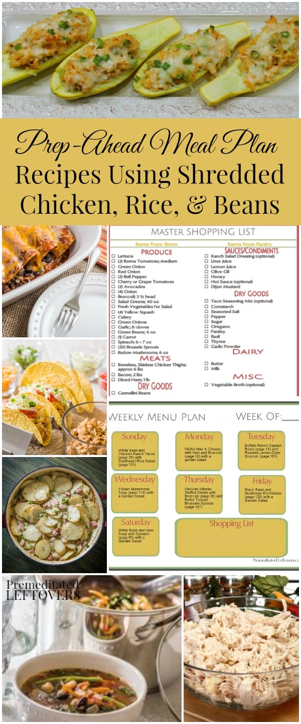 Prep-Ahead Meal Plan for Prep-Ahead Meals Using Shredded Chicken, Rice, and Beans. Includes meal plan with 7 dinner ideas, shopping list, and a batch cooking plan.