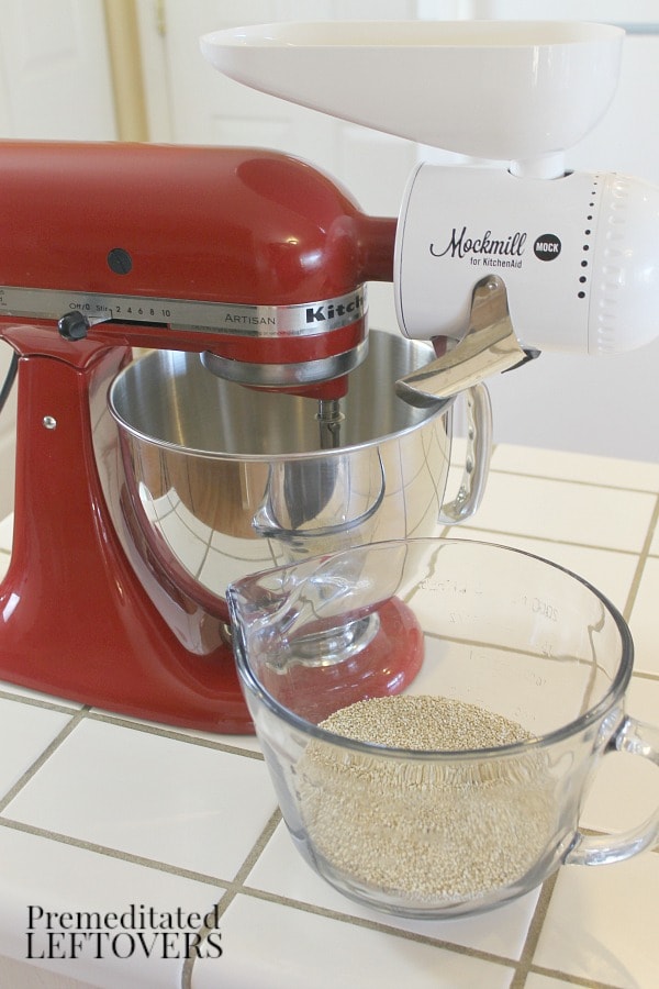 Here is our KitchenAid grain mill in action with fresh quinoa flour. W