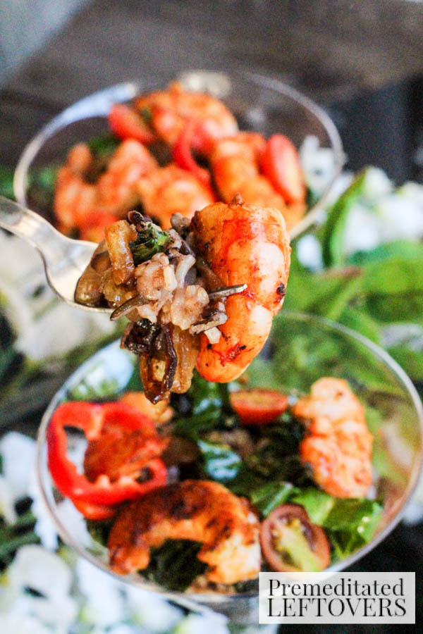 Planning a game day party, baby shower, or wedding? This Wild Rice and Shrimp Salad with Greens looks fancy and is loaded with a variety of veggies!