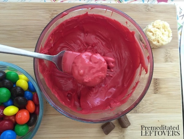 Mini Apple Rice Krispie Treats- use red food coloring to dye chocolate
