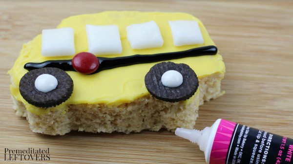 School Bus Rice Krispie Treats- add details with icing and M&Ms