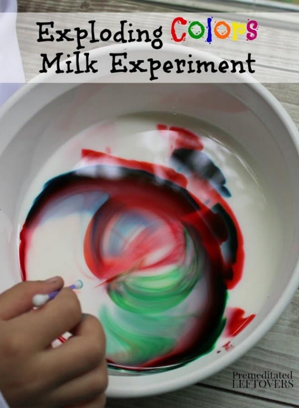 Kids will love watching the colorful reactions in this Exploding Colors Science Experiment. It's an easy activity using milk, dish soap, and food coloring.