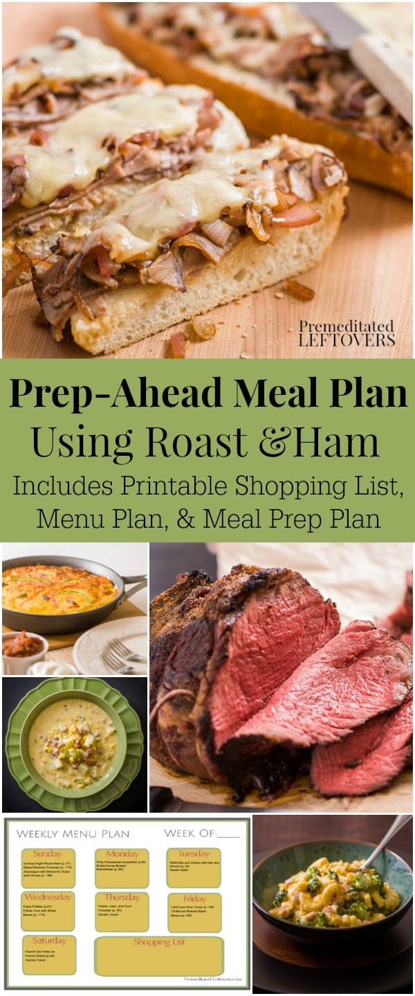 Prep-Ahead Meal Plan Using roast and ham - incudes printable shopping list, dinner menu plan, and meal prep plan