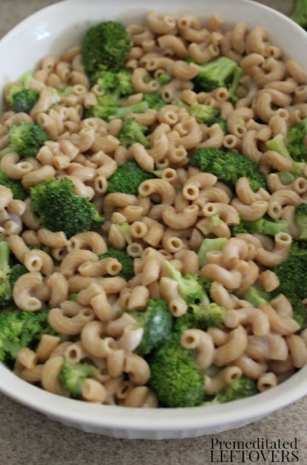 Bacon Broccoli Mac and Cheese- combine pasta and broccoli in baking dish