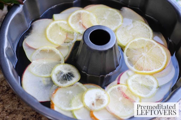 Apple, Pear, and Lemon Ice Ring- ingredients in bundt pan