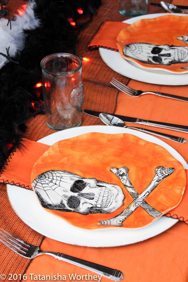 Orange and Black Skeleton Halloween Tablescape- orange skeleton dinner plates