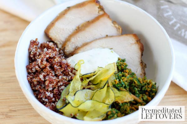This Red Quinoa Bowl with Pork and Vegetables is a healthy, protein rich recipe. It is also a delicious way to use leftover pork loin.