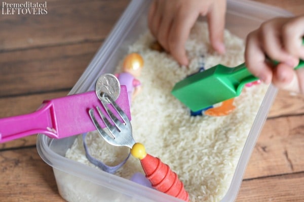 Magnetic Science Activity for Kids- rice bin of magnetic items