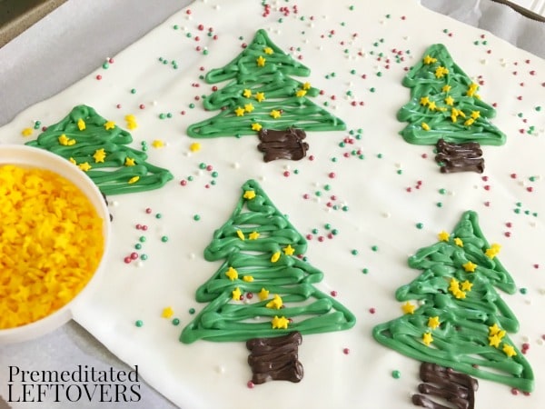 Christmas Tree Chocolate Bark- add sprinkles to trees