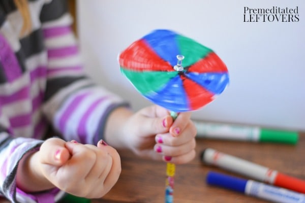 Color Spinner Science Experiment for Kids- attach spinner onto pencil