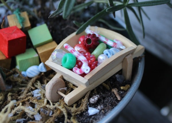 christmas fairy garden-wheelbarrow of goodies