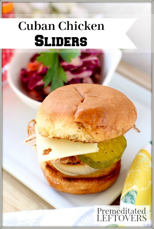 These Cuban Chicken Sliders are tasty and fun-sized! Unlike a traditional Cuban, this recipe stacks ham, chicken, and caramelized onions on a toasted bun.