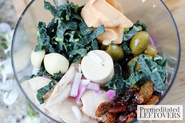 Chicken, Kale, and Raisin Salad with Mini Pitas- combine ingredients in food processor