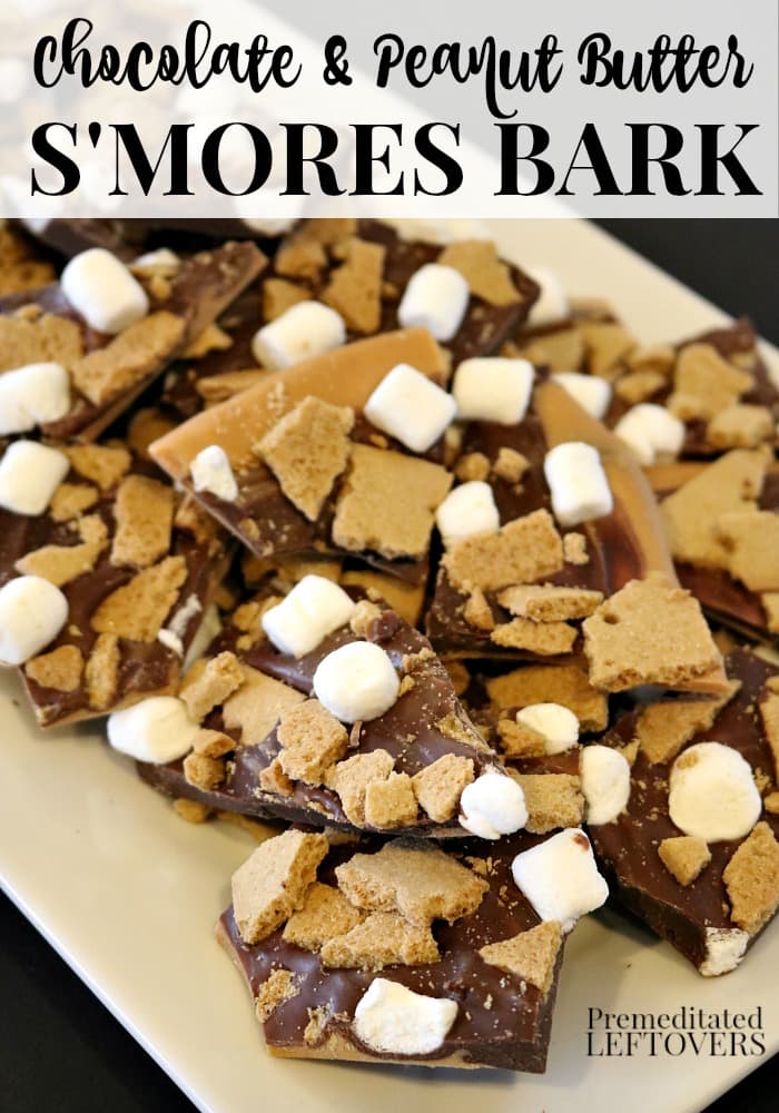 S'mores Bark Recipe -A quick and easy recipe for chocolate and peanut butter s'mores bark candy.
