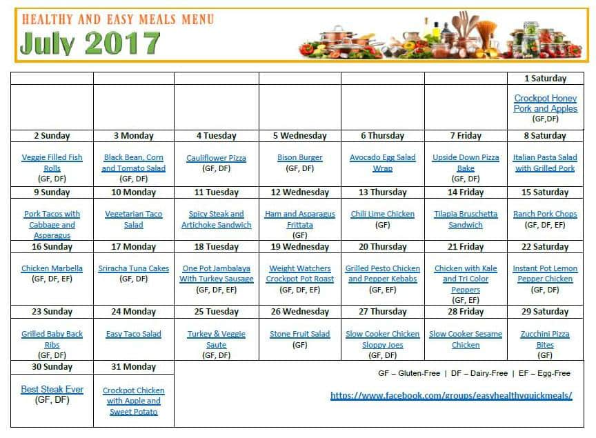 Printable meal Plan for the Month of July - Easy and Healthy Dinner Meal Plan for July