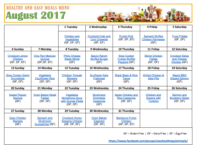 Printable Healthy Meal Plan with 31 Recipes for August