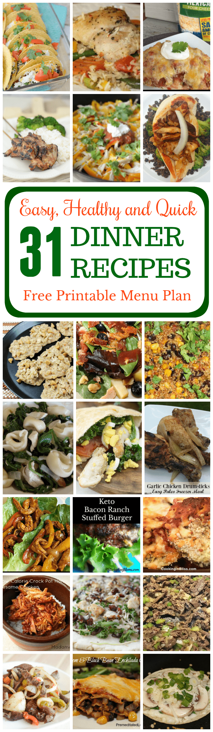 Use this Healthy Dinner Meal Plan to feed your family quick and easy recipes each night. It includes a month of Easy Recipes. There are 31 dinner recipes in this healthy dinner meal plan