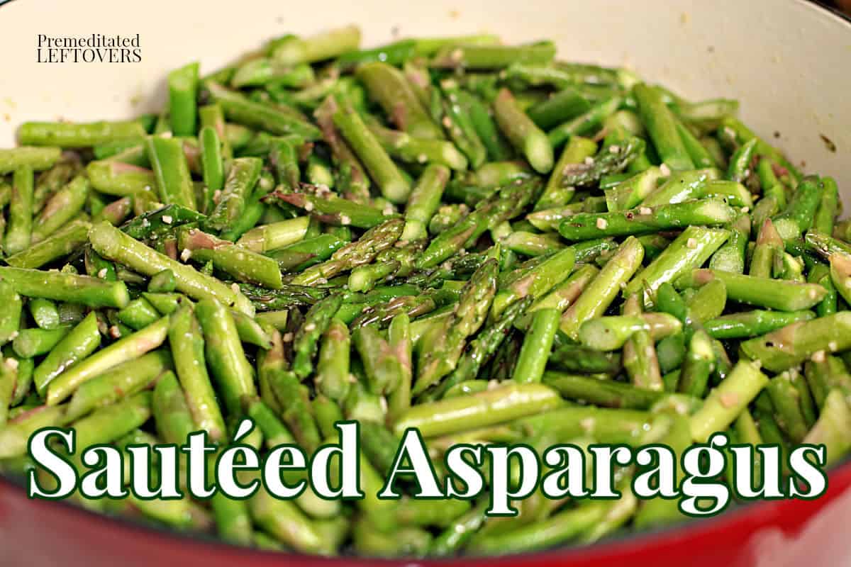 sauteed asparagus recipe cooking in a pan on the stove