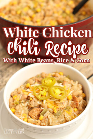 This hearty white chicken chili recipe is made with white beans, chicken, rice, and corn. This homemade white chili is a filling, family-friendly meal! A quick and easy recipe for white chicken chili!