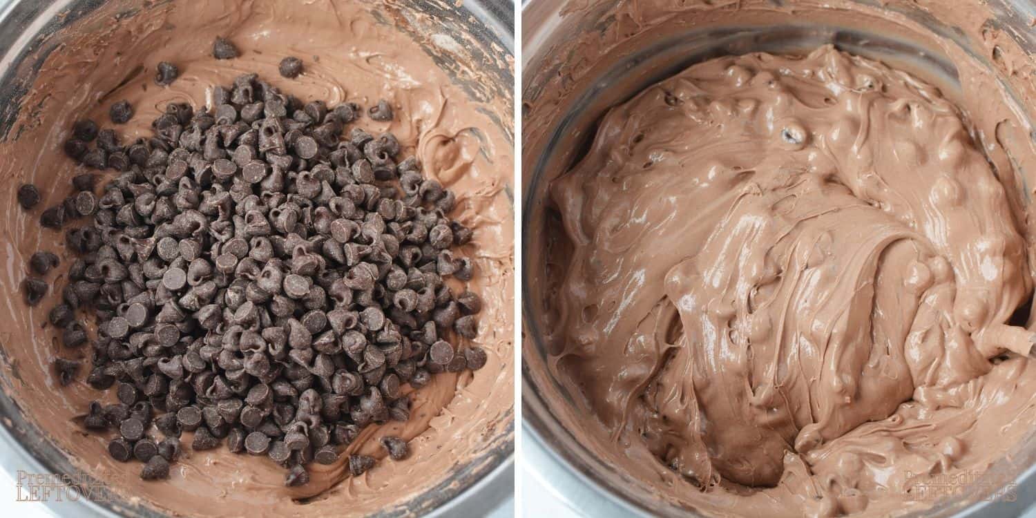 Left to right: adding chips to the mix, then chips hand-stirred in.