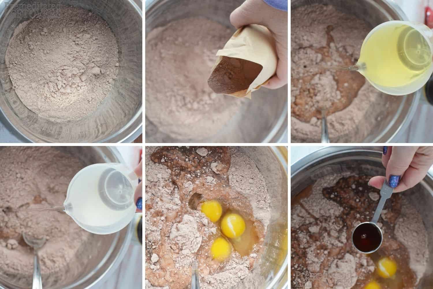 Clockwise from upper left: cake mix in mixing bowl, adding pudding mix, oil, water, eggs, vanilla.