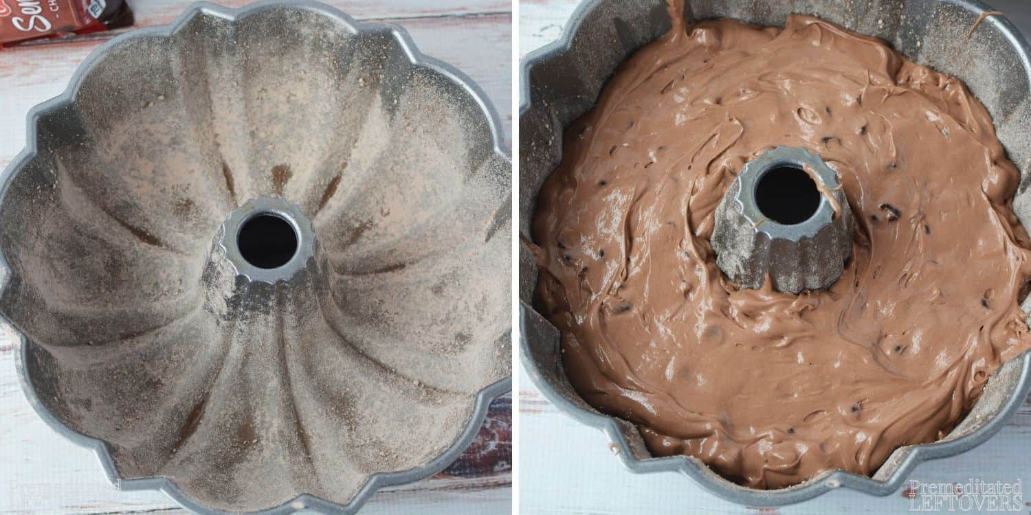 Left to right: bundt cake mold coated with grease topped with flour, cake mix added to the bundt cake mold