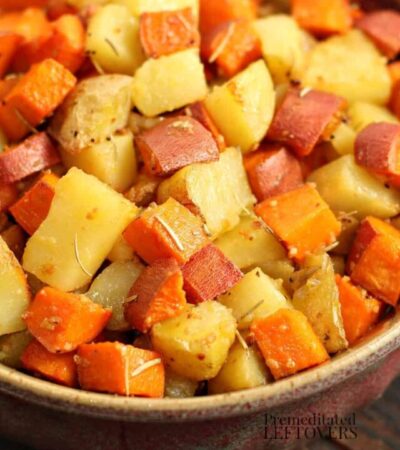 roasted yukon gold potatoes and sweet potatoes in a bowl