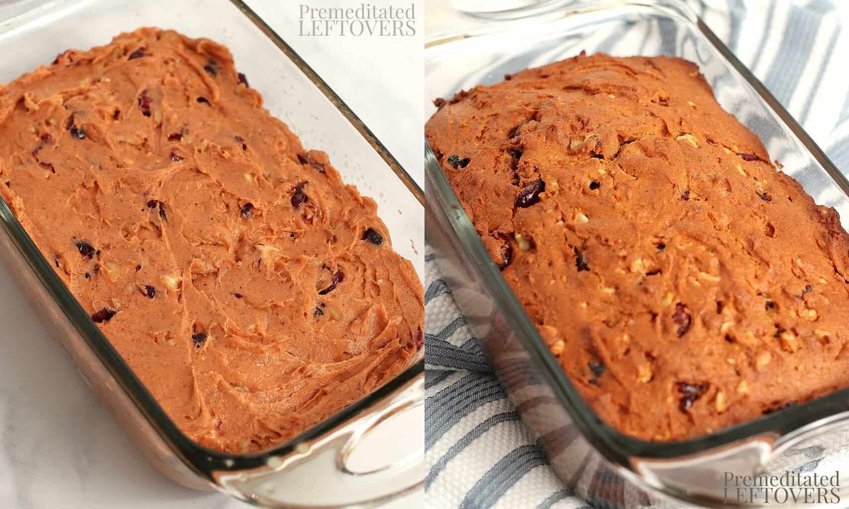 Collage showing Tomato Soup Cake batter in baking dish before and after baking.