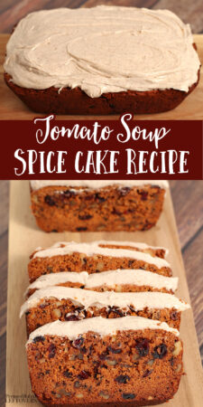 tomato soup spice cake with cream cheese frosting and sliced tomato soup cake on a cutting board.