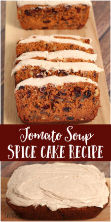 tomato soup spice cake recipe with cream cheese frosting sliced on a cutting board.