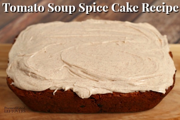 Vintage tomato soup spice cake recipe topped with cream cheese frosting.