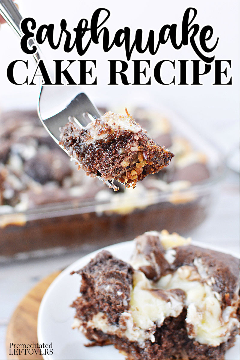 A piece of earthquake cake on a plate with a bite of cake on a fork.