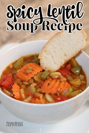 This spicy lentil soup recipe is easy to make! This vegetarian lentil soup is frugal and delicious! It's a hearty and filling meatless meal that is perfect for lunch, or dinner.