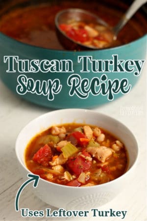 Ladling homemade Tuscan turkey soup from pot to bowl