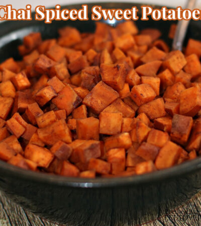 chai spiced roasted sweet potatoes recipe in bowl