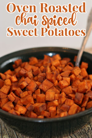 chai spiced sweet potatoes in a green serving bowl.