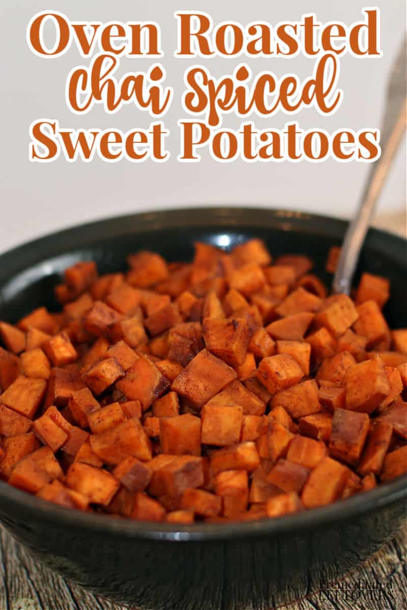 chai spiced sweet potatoes in a green serving bowl.