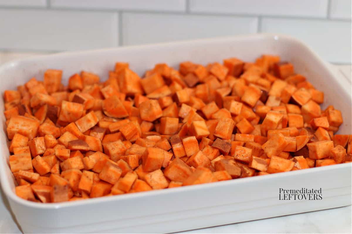 cut yam pieces coated in apple juice, honey, and chai spice mix.