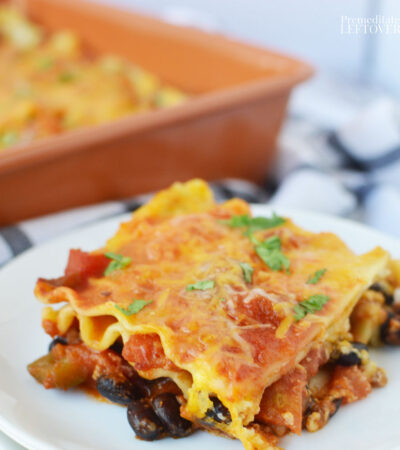 Mexican Lasagna recipe with lasagna noodles, ground beef, black beans, salsa, and taco seasoning