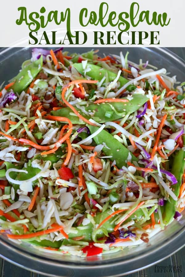 A healthy Asian Coleslaw recipe with lots of vegetables and an Asian slaw dressing. The snow peas and almond slivers provide the crunch. This is an easy make-ahead salad.