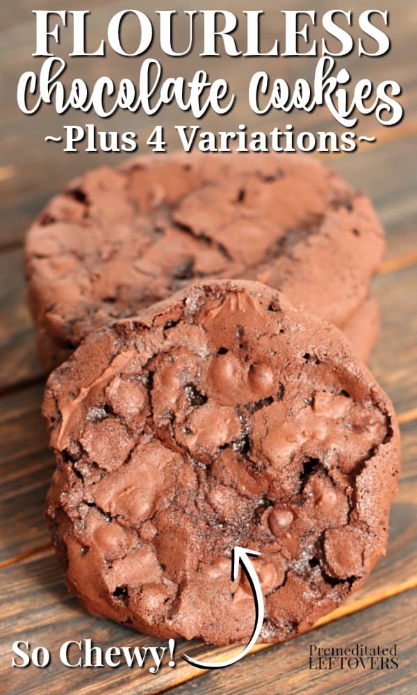 This flourless chocolate cookies recipe makes cookies that taste like brownies. The chocolate cookies are crunchy on the outside and chewy on the inside. Includes 4 different variations: flourless chocolate walnut cookies, flourless chocolate cookies with chocolate chips, flourless chocolate toffee cookies, and flourless almond joy cookies.