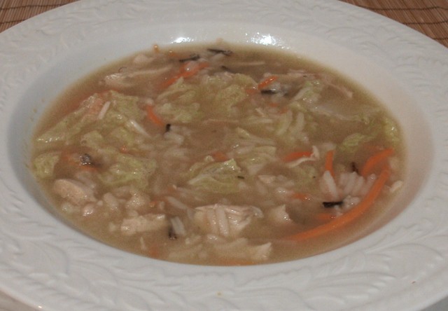 Asian Turkey and Rice Soup Recipe in a bowl.