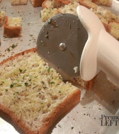 Use a pizza cutter to quickly cut bread into cubes when making croutons.