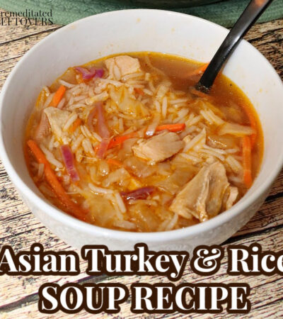 a bowl of homemade asian turkey and rice soup.