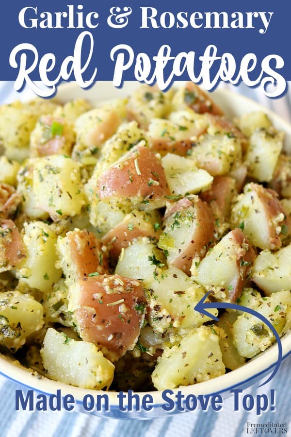 The garlic and rosemary red potatoes recipe is served in a blue bowl.