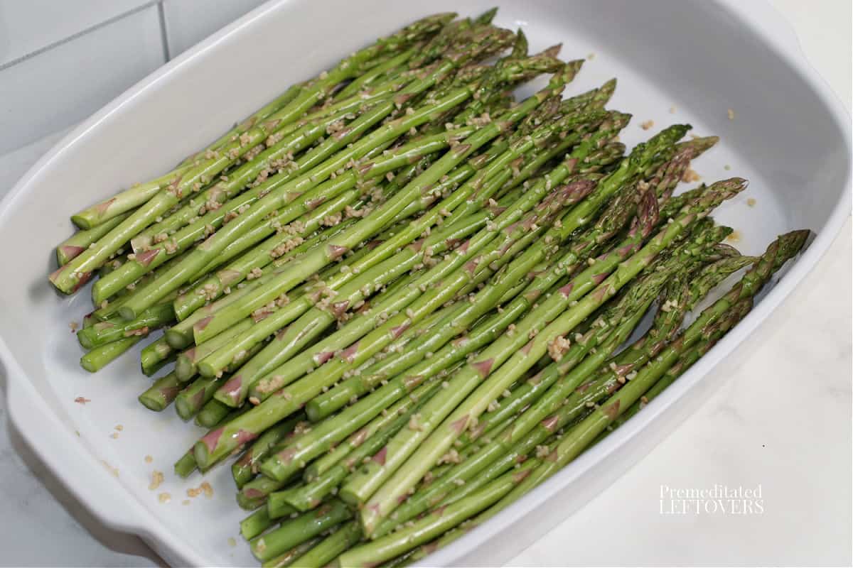 roasted asparagus in a baking dish