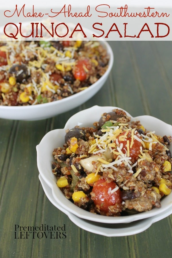 This Southwestern Quinoa Salad recipe is a fast and easy twist on traditional taco salad recipes. Serve over greens, corn chips, or in a tortilla bowl.